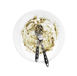 Dirty plate and cutlery on white background, top view