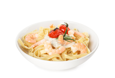 Delicious pasta with shrimps isolated on white