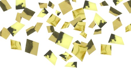 Shiny golden confetti falling on white background