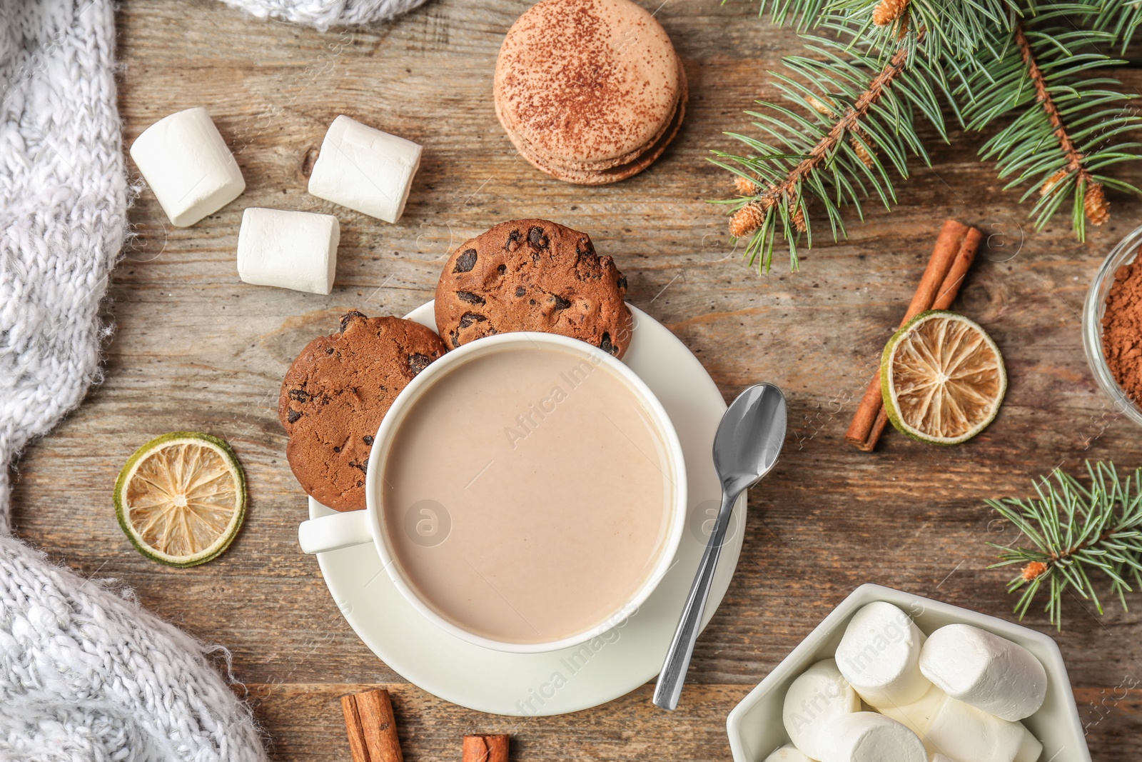 Photo of Flat lay composition with hot cocoa drink on wooden background