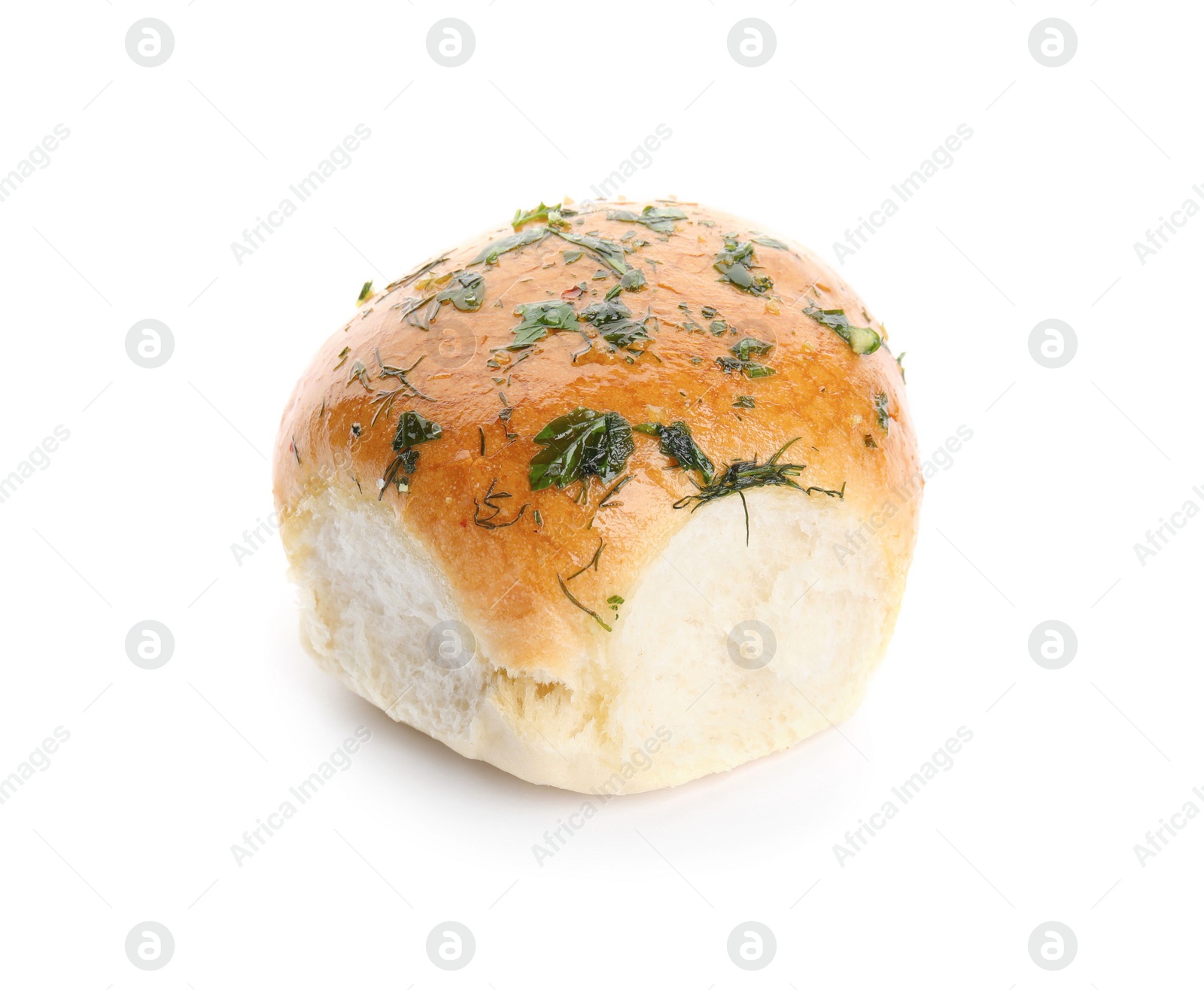 Photo of Traditional pampushka bun with garlic and herbs isolated on white