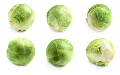 Image of Set of fresh Brussels sprouts on white background