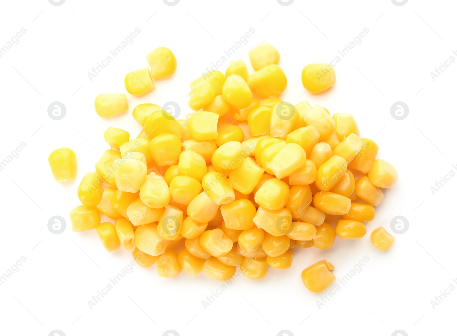 Photo of Tasty ripe corn kernels on white background, top view