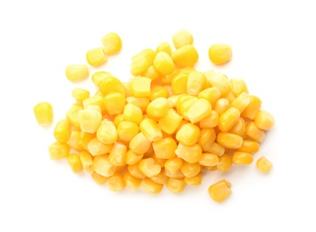 Photo of Tasty ripe corn kernels on white background, top view