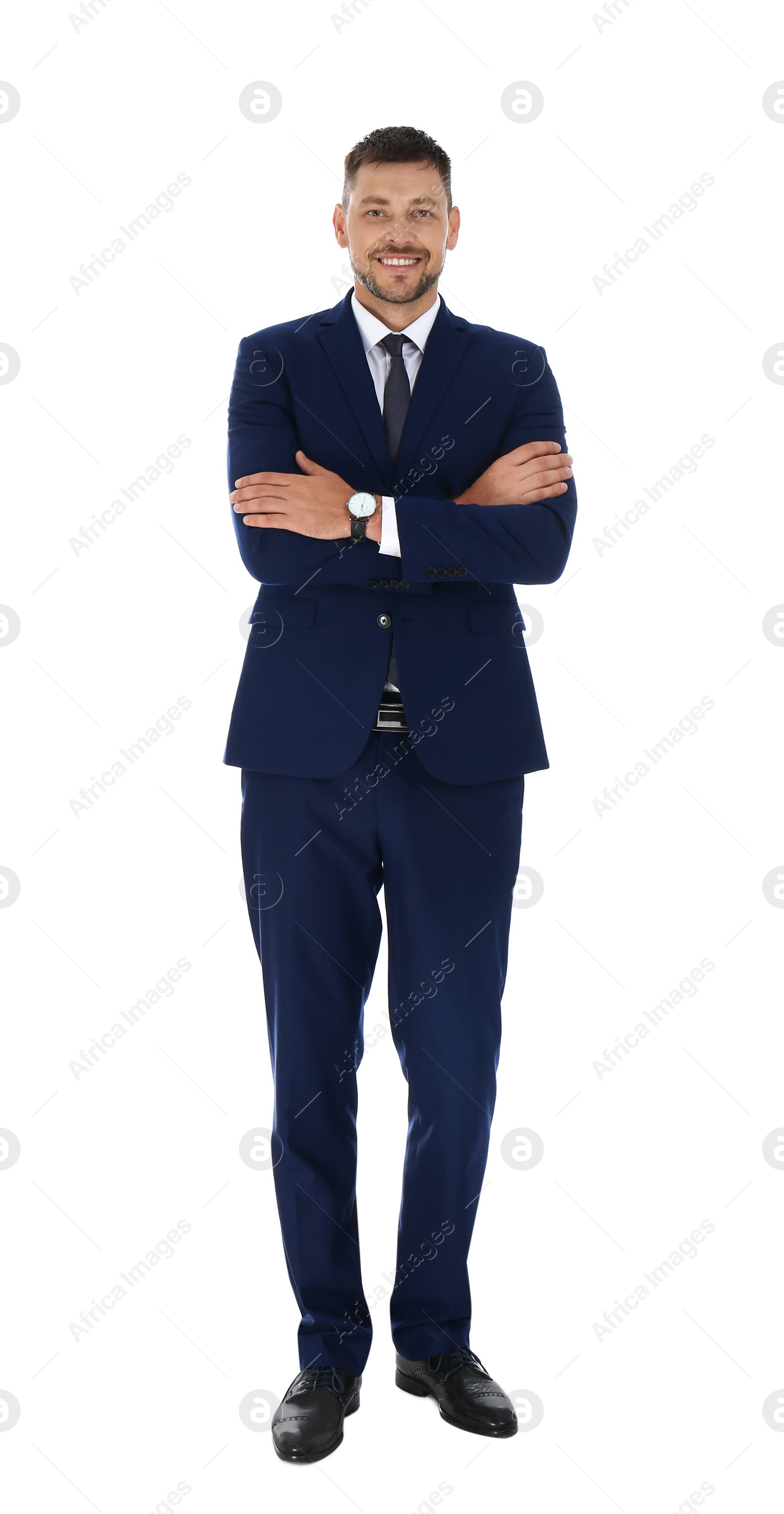 Photo of Professional business trainer posing on white background