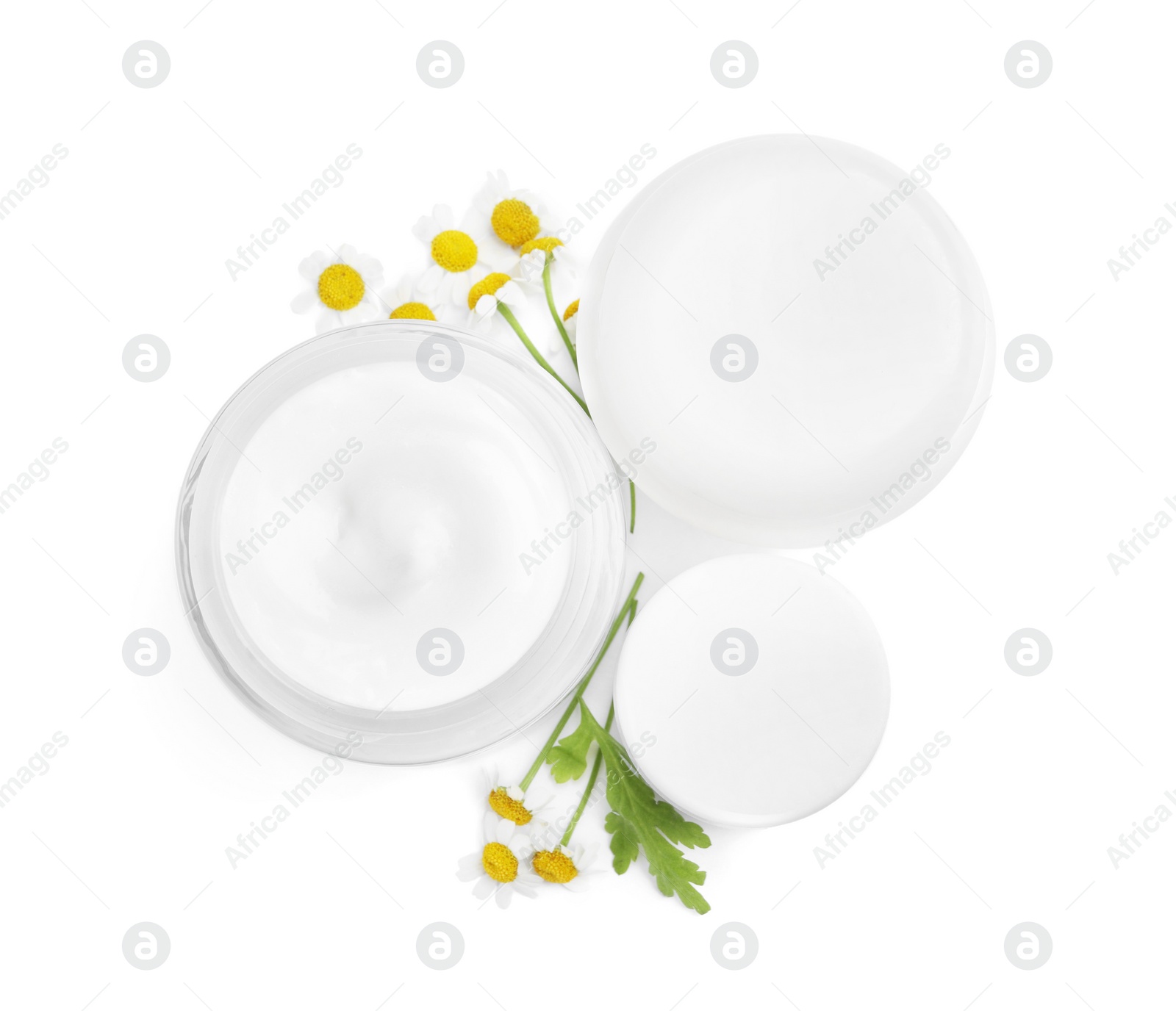 Photo of Body cream and other cosmetic products with camomile on white background, top view