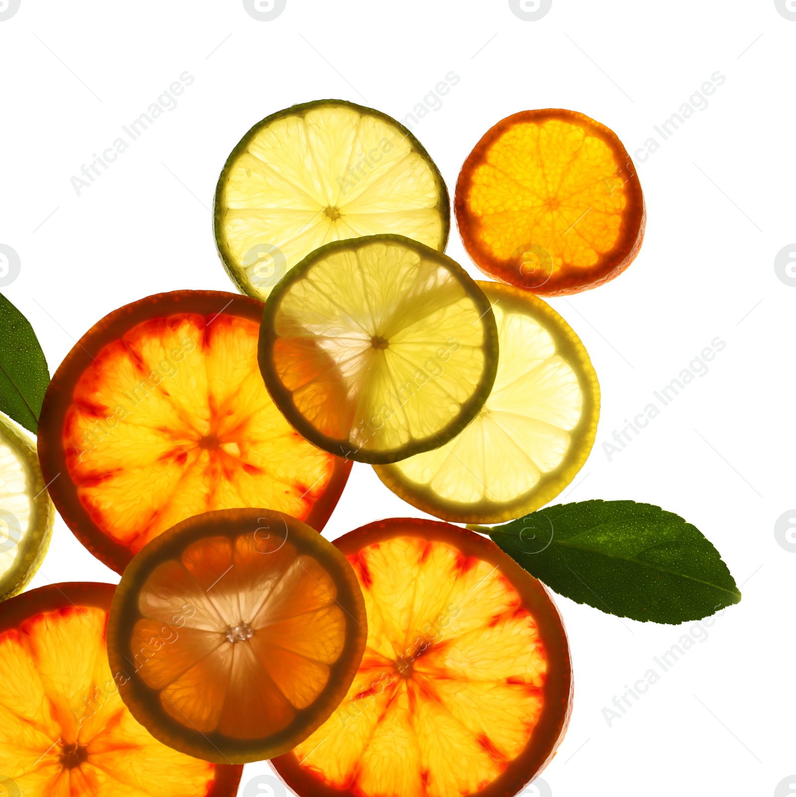 Photo of Illuminated slices of citrus fruits and leaves on white background, top view