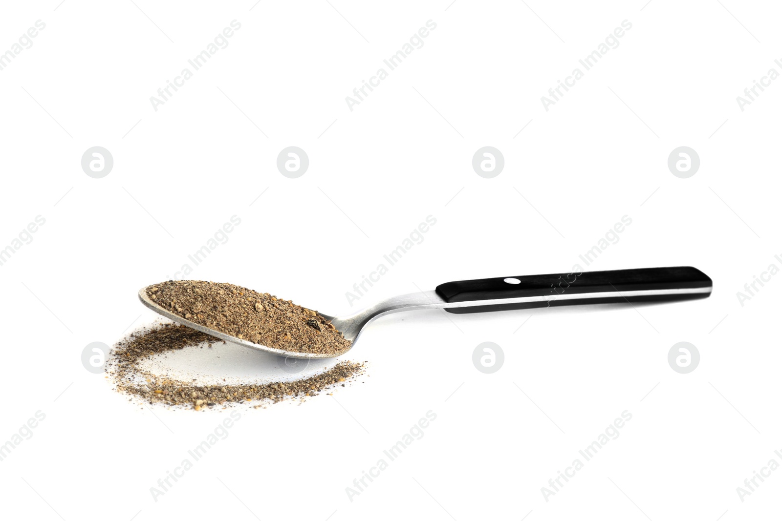 Photo of Spoon of ground black pepper isolated on white