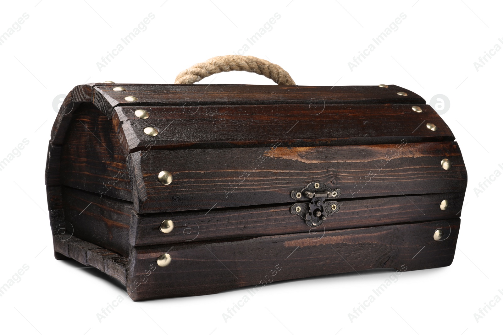 Photo of Closed old wooden treasure chest isolated on white