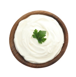 Photo of Bowl with sour cream and herbs on white background, top view