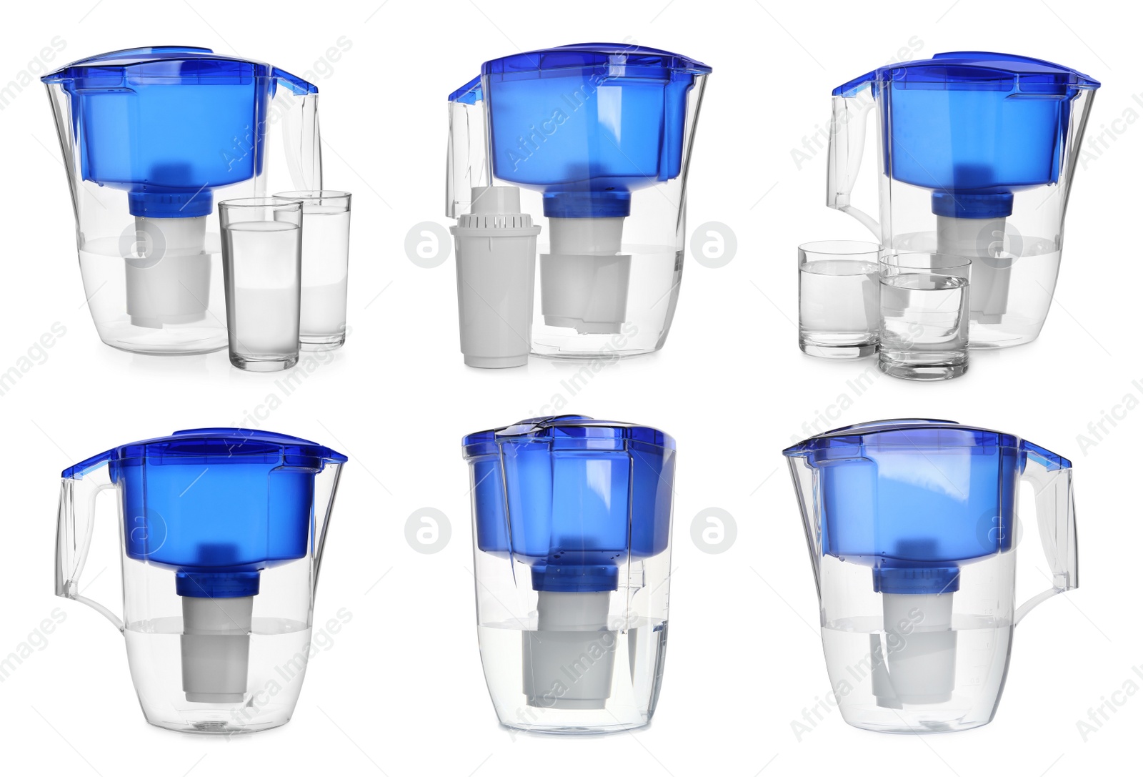 Image of Set with water filter jugs and glasses on white background