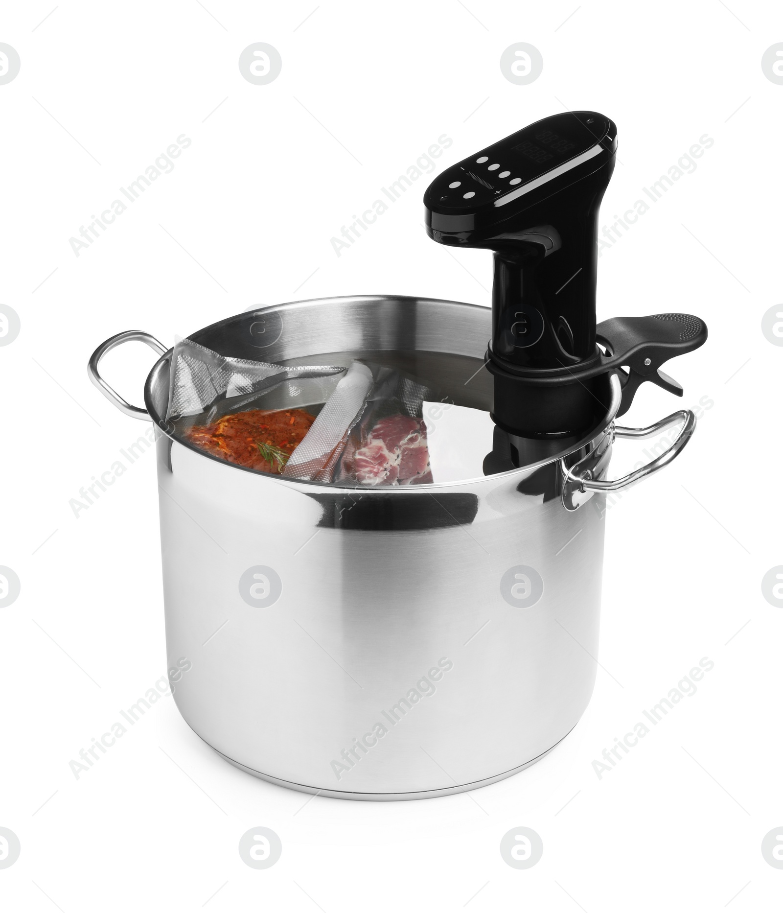 Photo of Thermal immersion circulator and meat in pot on white background. Vacuum packing for sous vide cooking