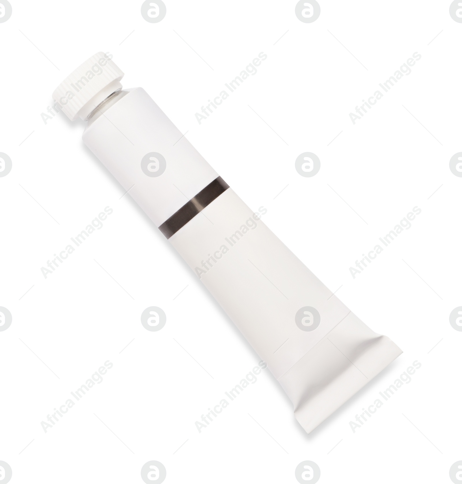 Photo of Tube with oil paint on white background, top view