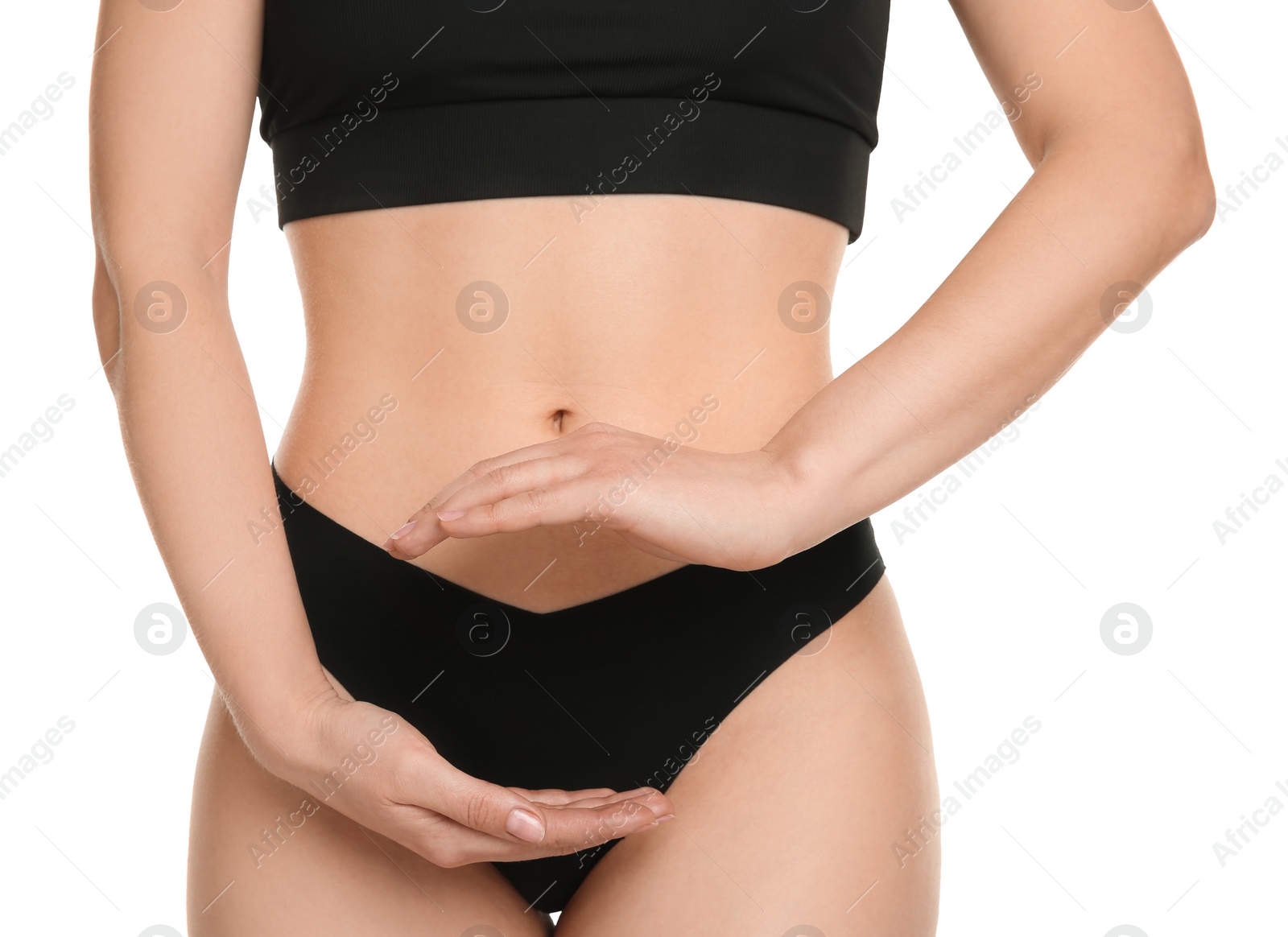 Photo of Gynecology. Woman in underwear on white background, closeup