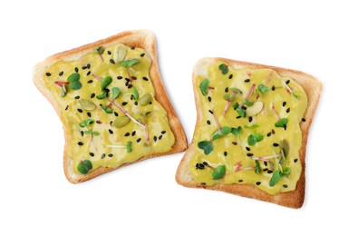 Photo of Delicious sandwiches with guacamole, microgreens and seeds on white background, top view