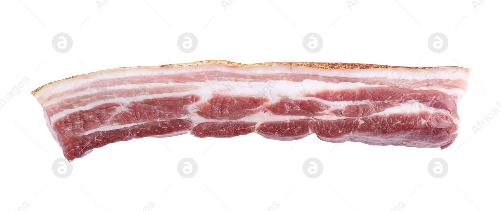 Photo of One piece of raw pork belly isolated on white, above view