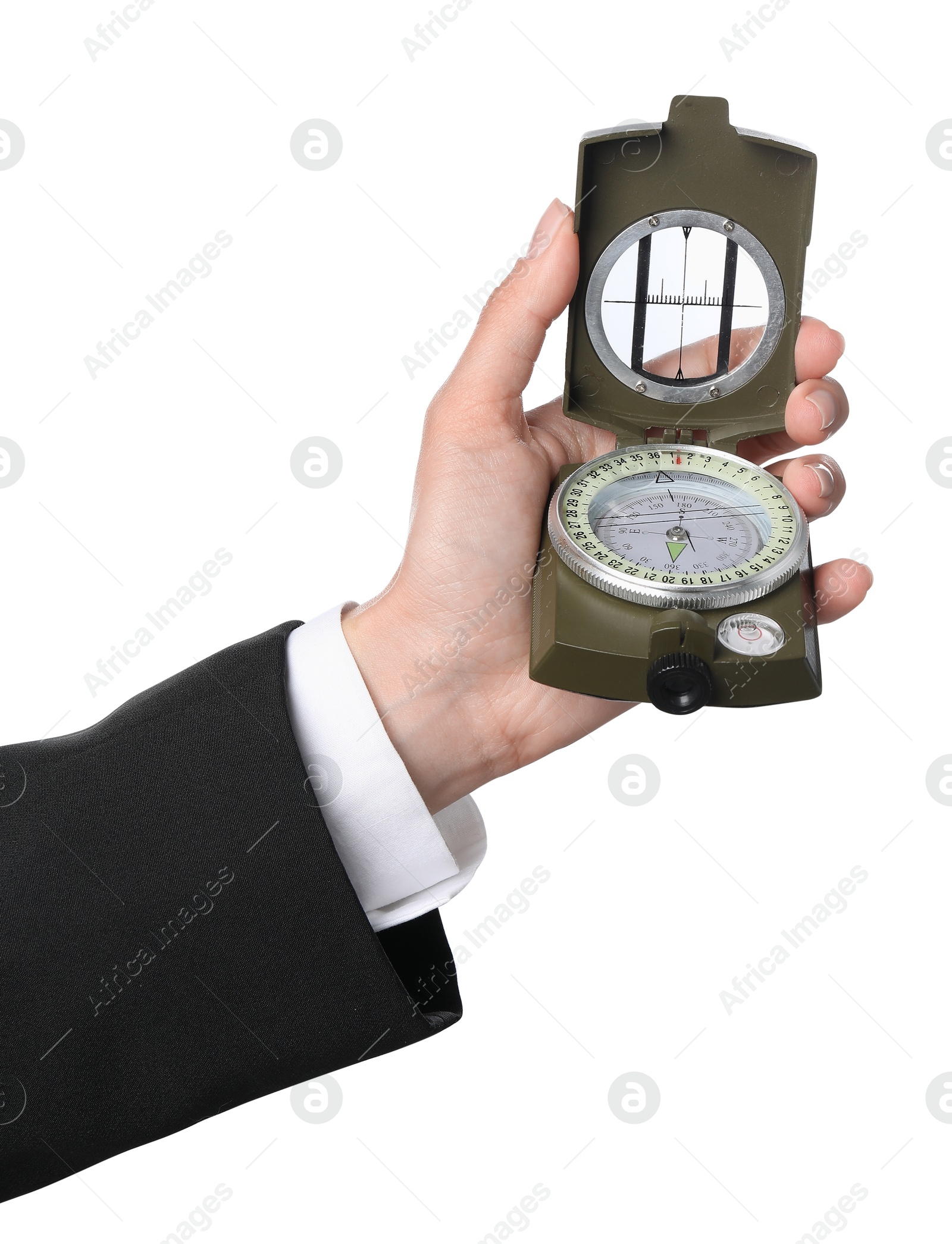 Photo of Woman holding compass on white background, closeup