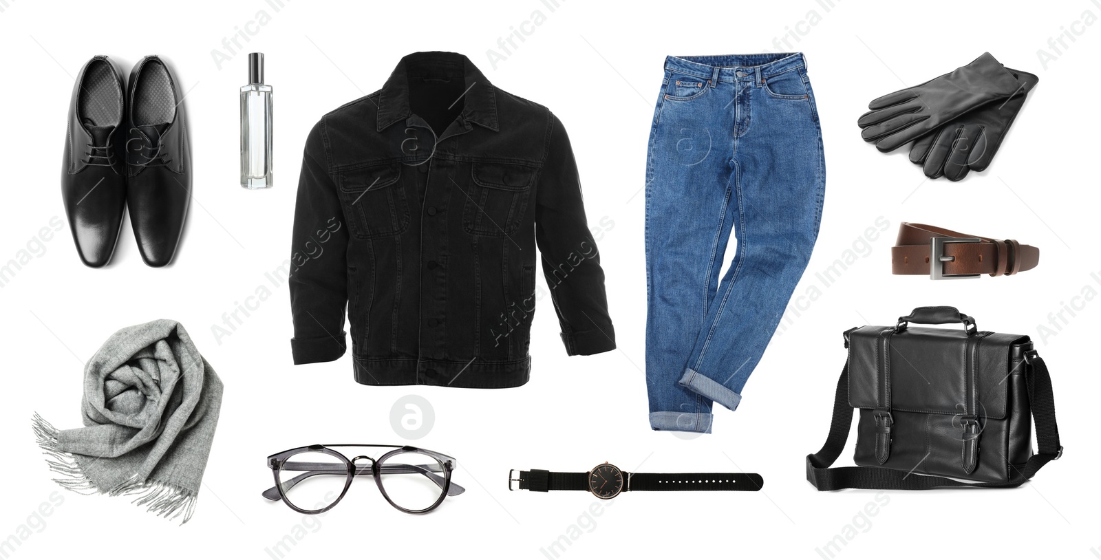 Image of Stylish men's outfit. Collage with modern clothes, gloves and other accessories on white background, banner design 