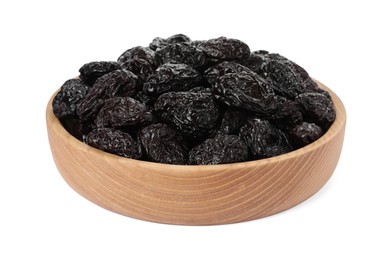 Photo of Bowl with sweet dried prunes isolated on white