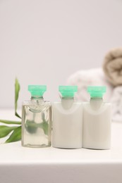 Mini bottles of cosmetic products and green branch on white table