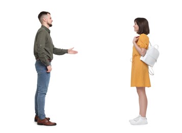 Woman and man talking on white background. Dialogue