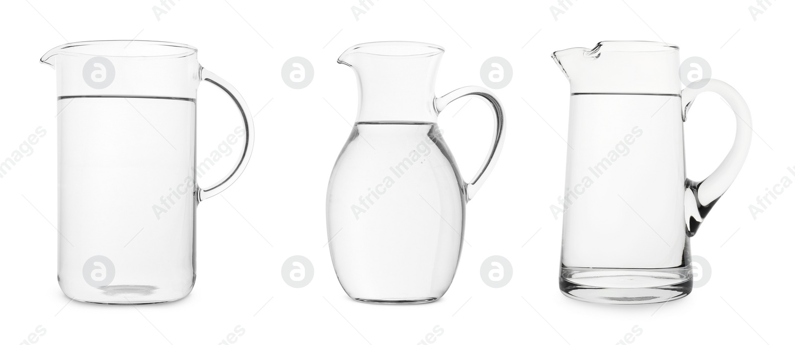 Image of Glass jugs full of water isolated on white, collection