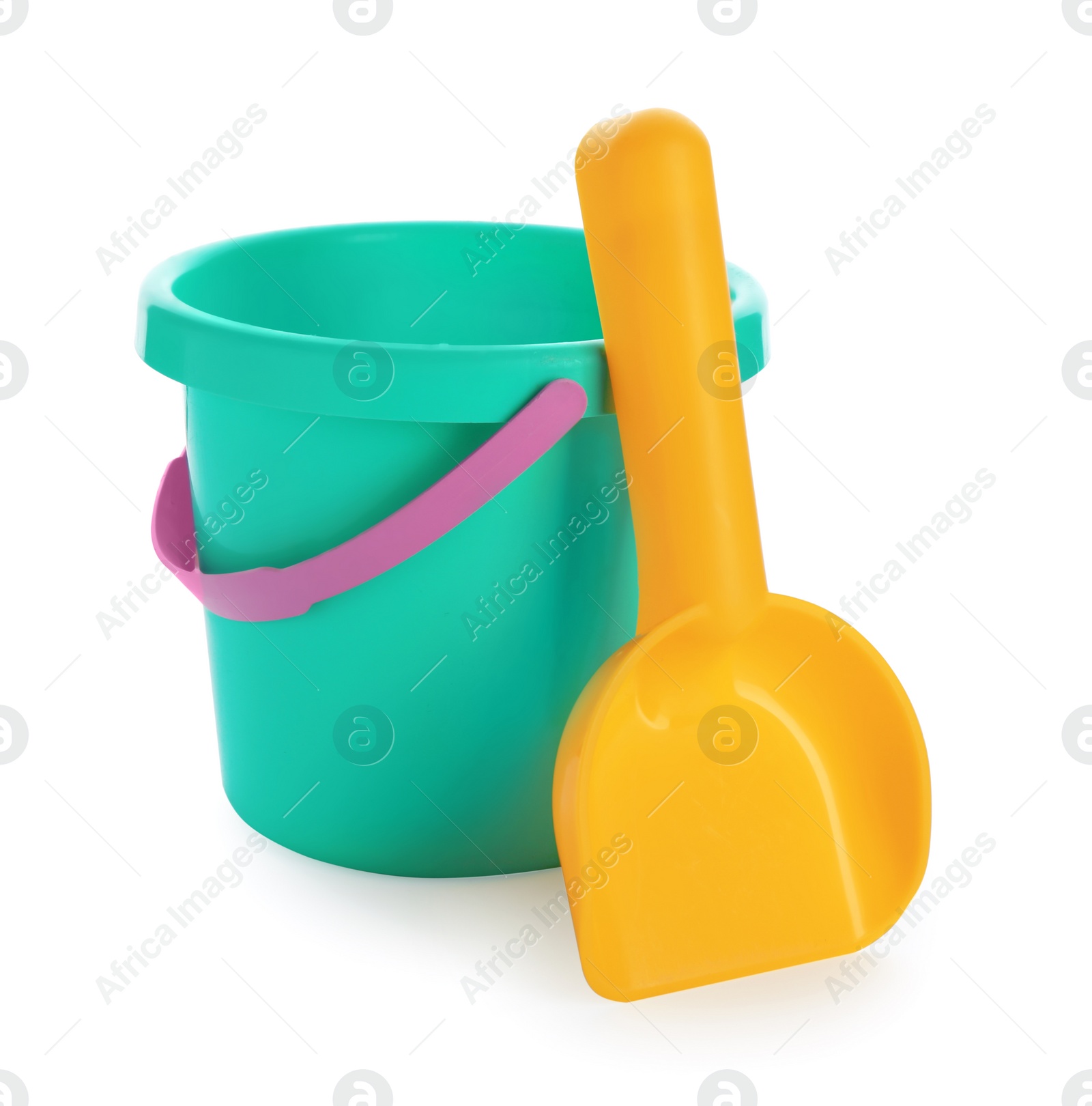 Photo of Toy bucket for sand and shovel on white background