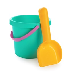 Photo of Toy bucket for sand and shovel on white background