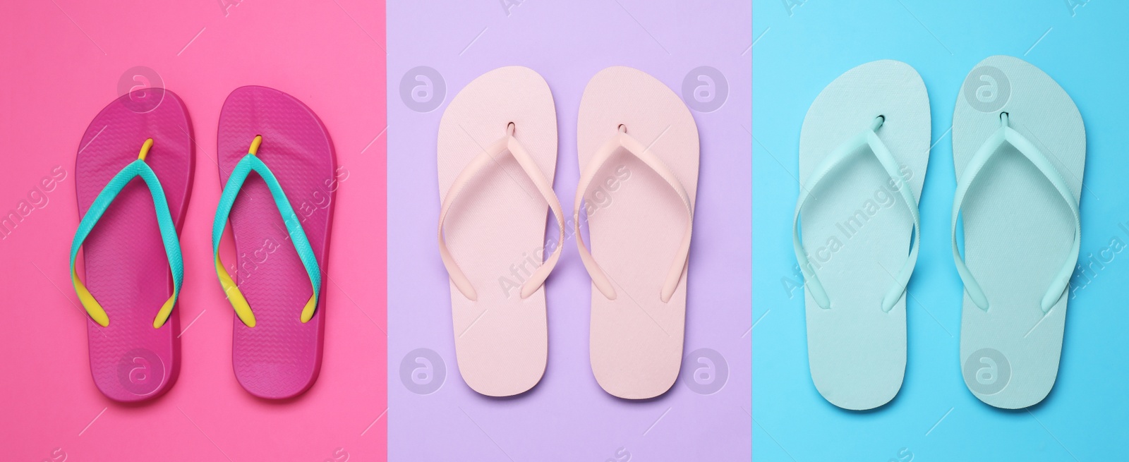 Photo of Flat lay composition with flip flops on color background. Beach objects