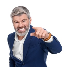 Photo of Emotional mature businessman in stylish clothes posing on white background