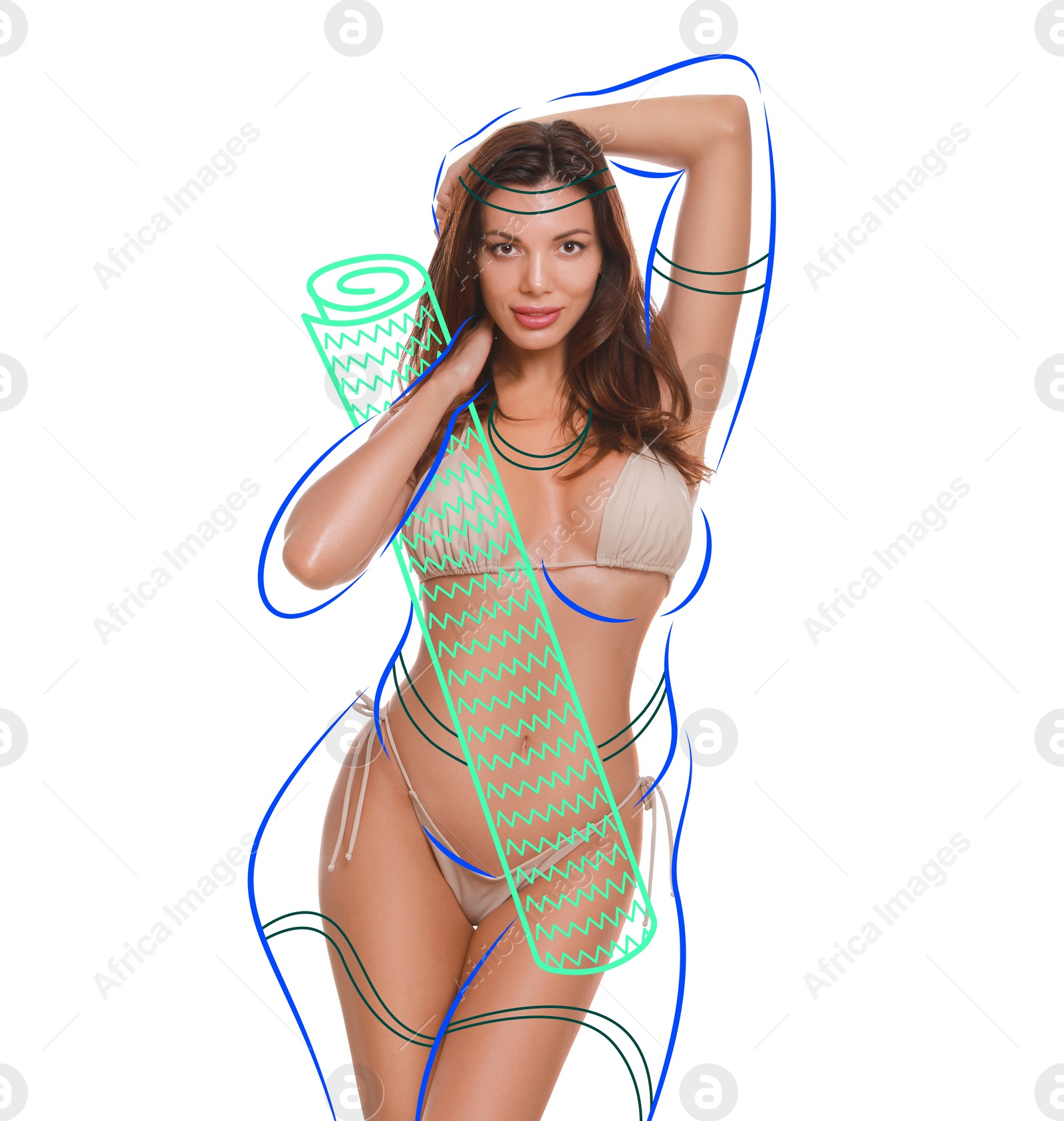 Image of Beautiful slim woman in swimsuit on white background. Outline with exercise mat as her overweight figure before workout