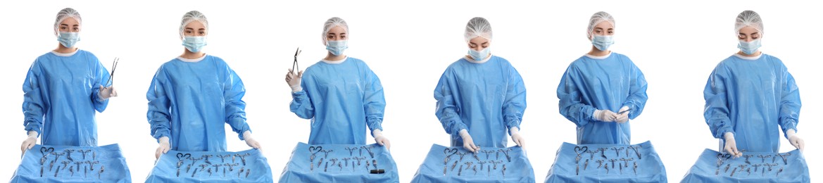 Image of Collage with photos of doctor near table with different surgical instruments on white background. Banner design