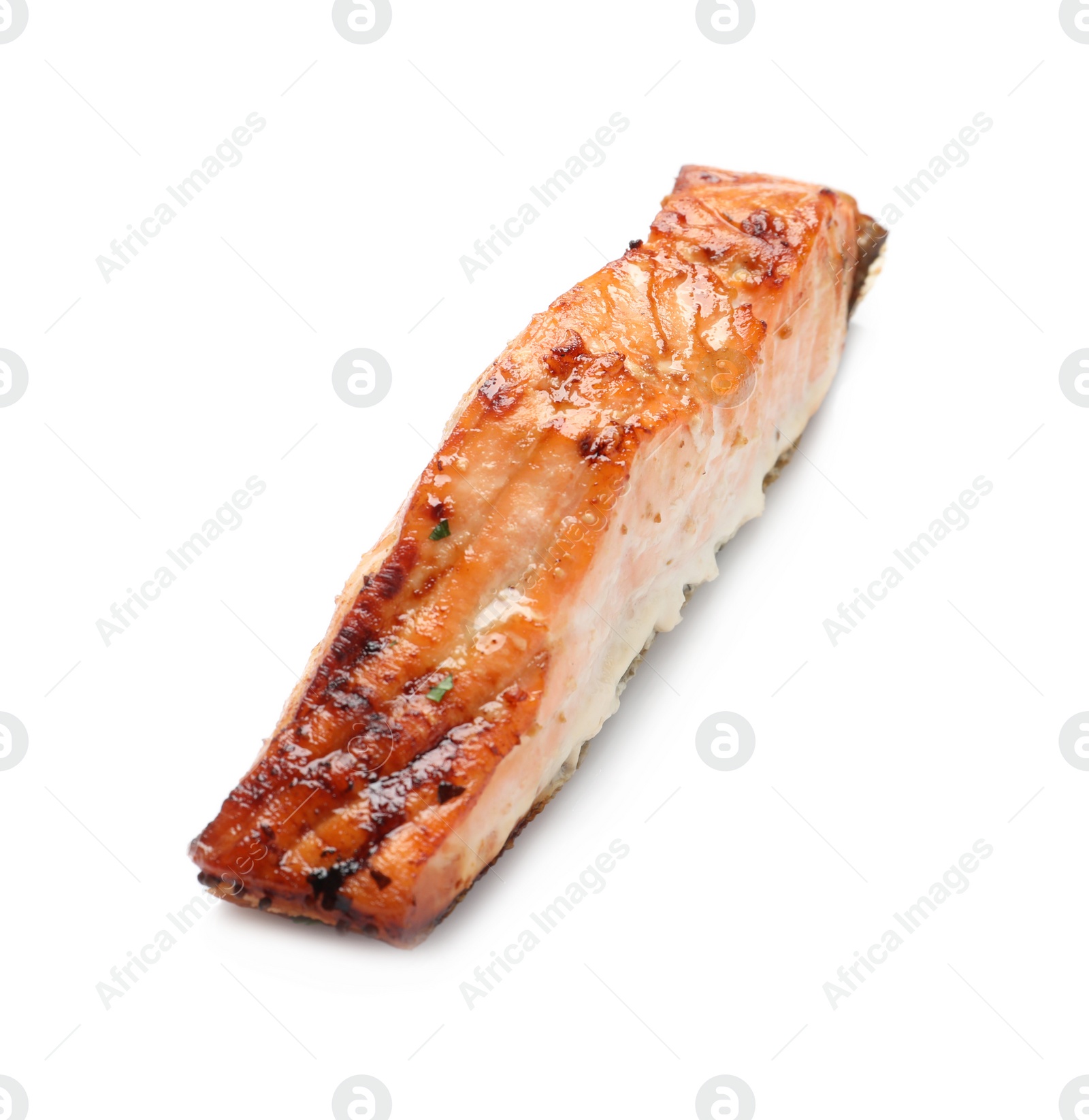 Photo of Tasty freshly cooked salmon on white background