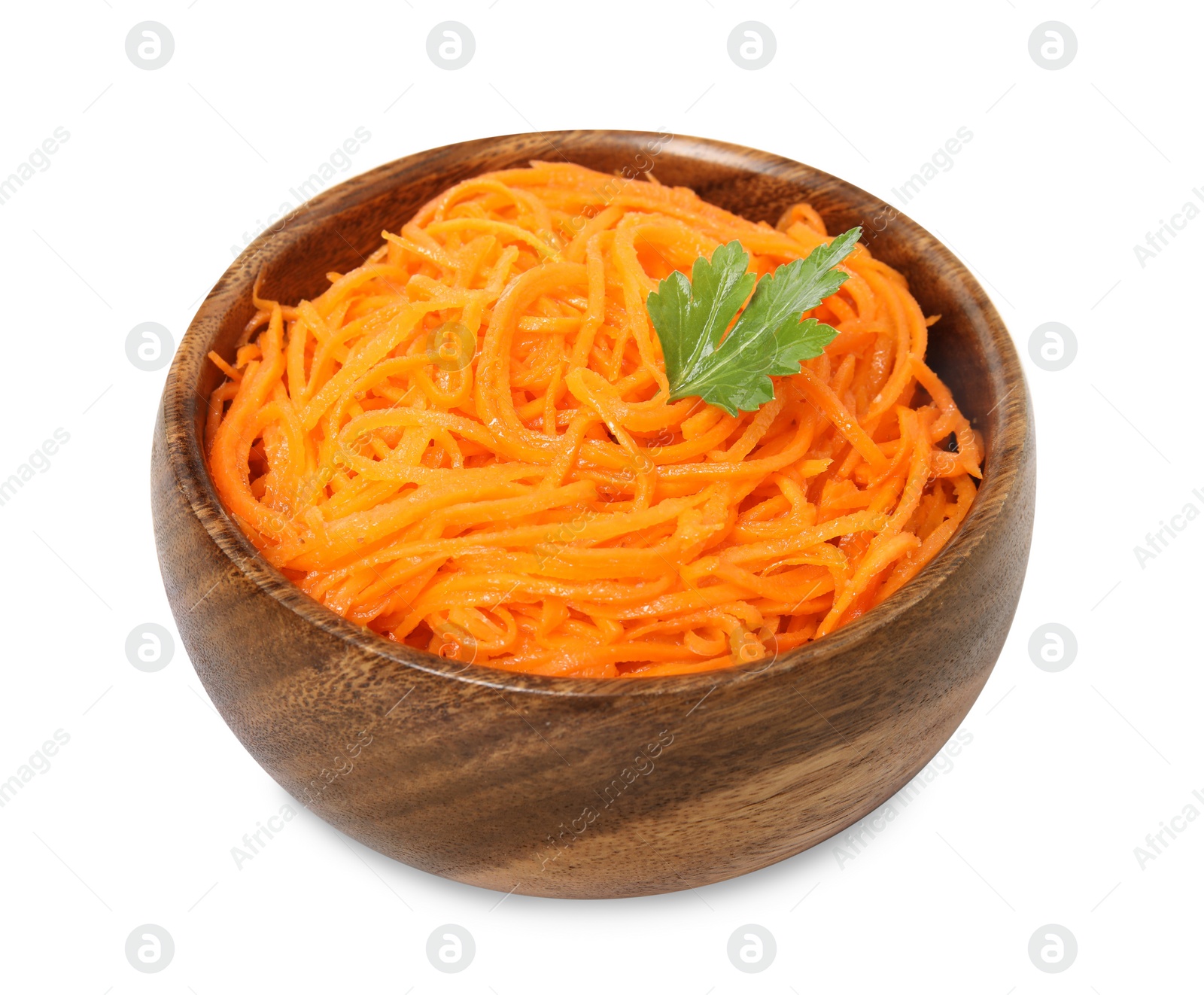 Photo of Delicious Korean carrot salad with parsley in bowl isolated on white