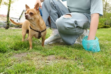 Photo of Woman picking up her dog's poop from green grass in park, closeup