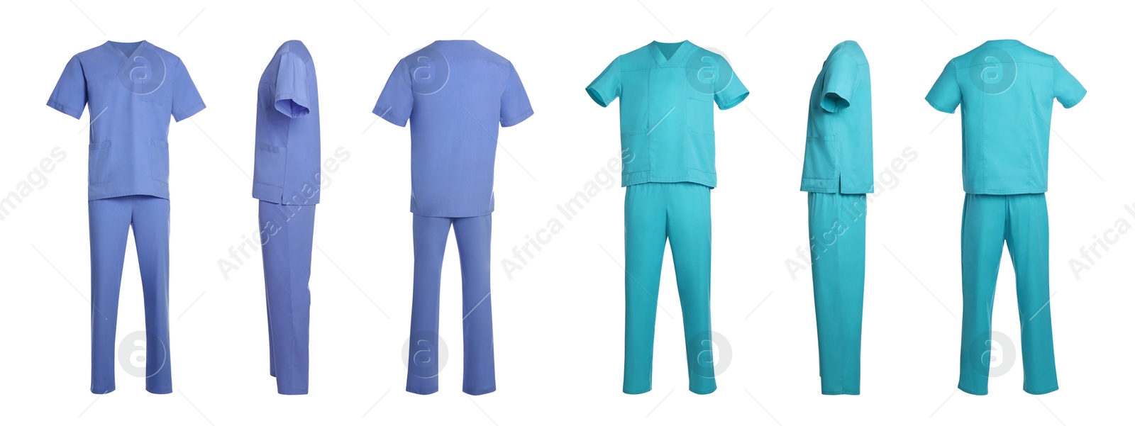 Image of Blue and turquoise medical uniforms isolated on white, collage with back, side and front views