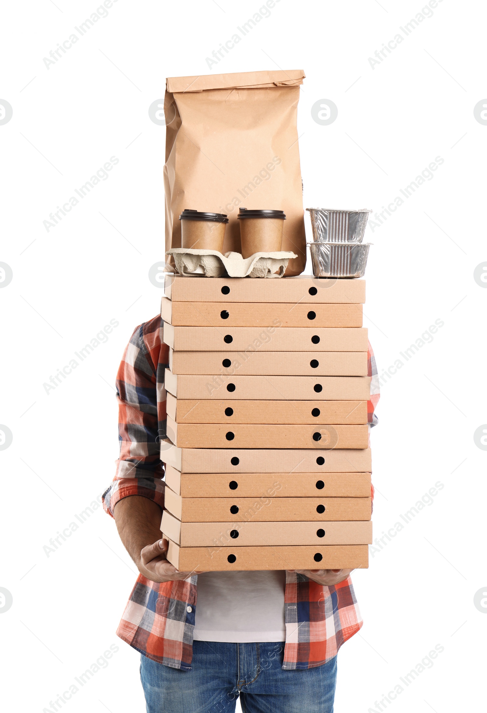Photo of Courier with stack of orders on white background. Food delivery service