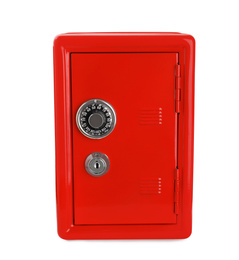 Photo of Closed red steel safe isolated on white