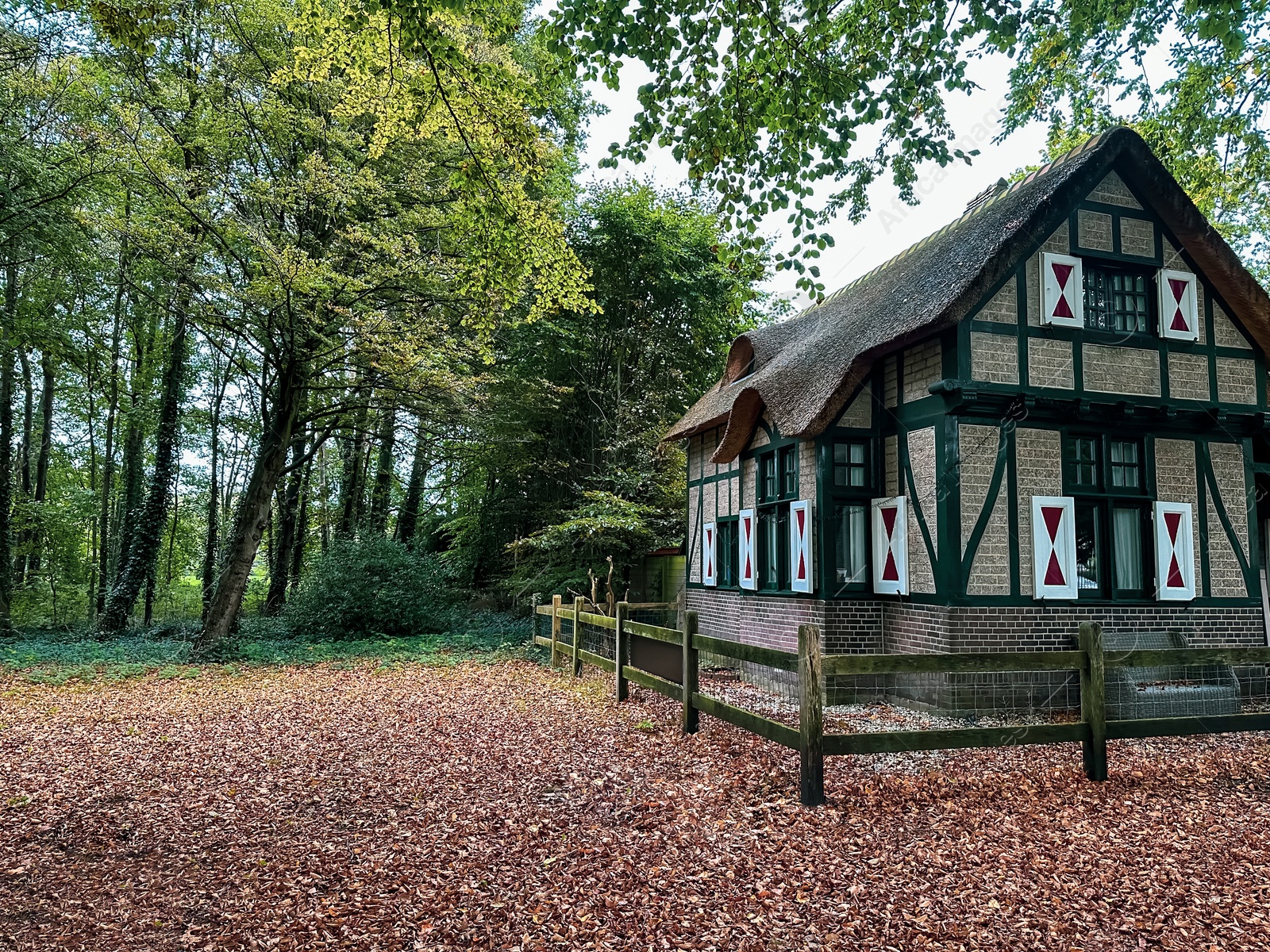 Photo of Beautiful grey house among trees in autumn park