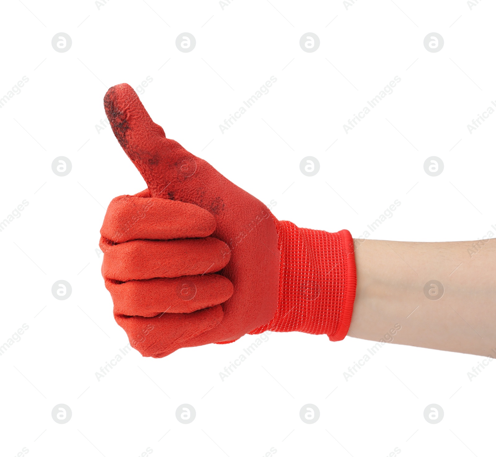 Photo of Woman in gardening glove showing thumbs up on white background, closeup