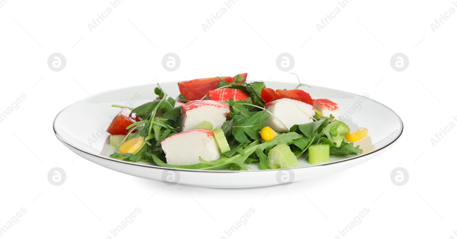 Photo of Tasty crab stick salad isolated on white