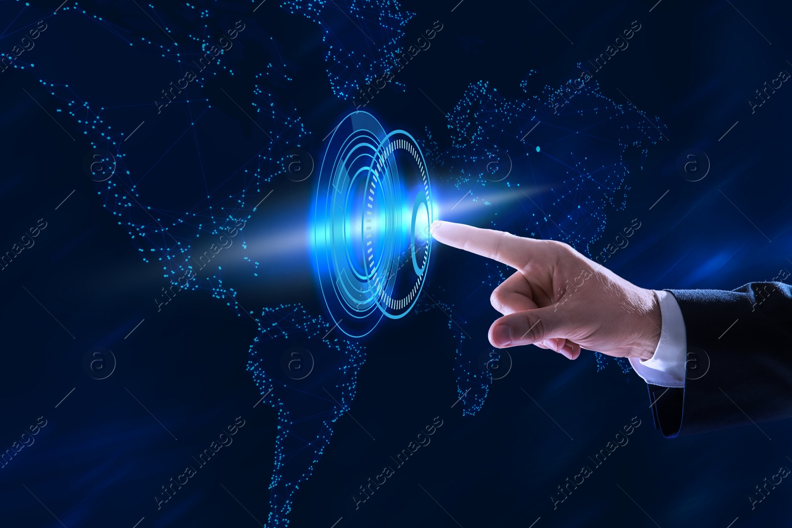 Image of Man pressing button on virtual screen with world map, closeup