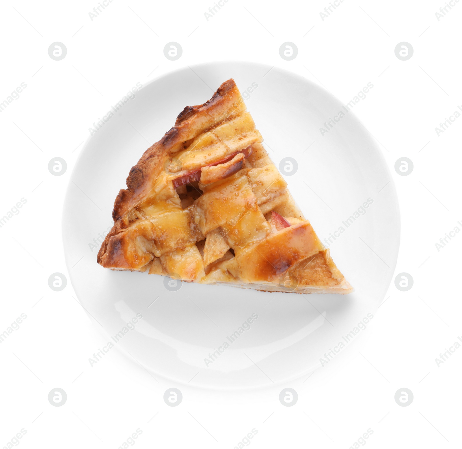 Photo of Slice of traditional apple pie isolated on white, top view