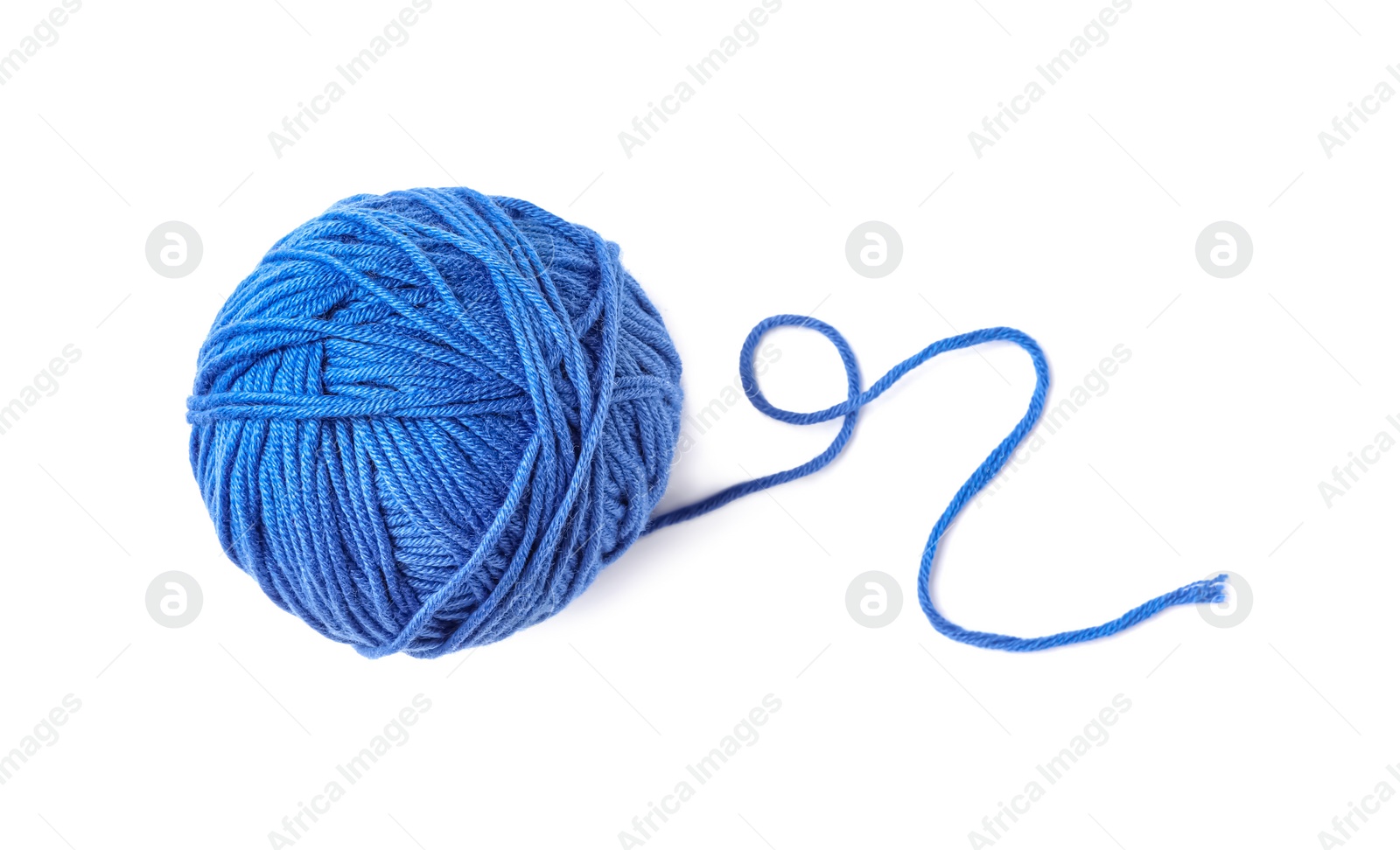 Photo of Soft blue woolen yarn isolated on white, top view