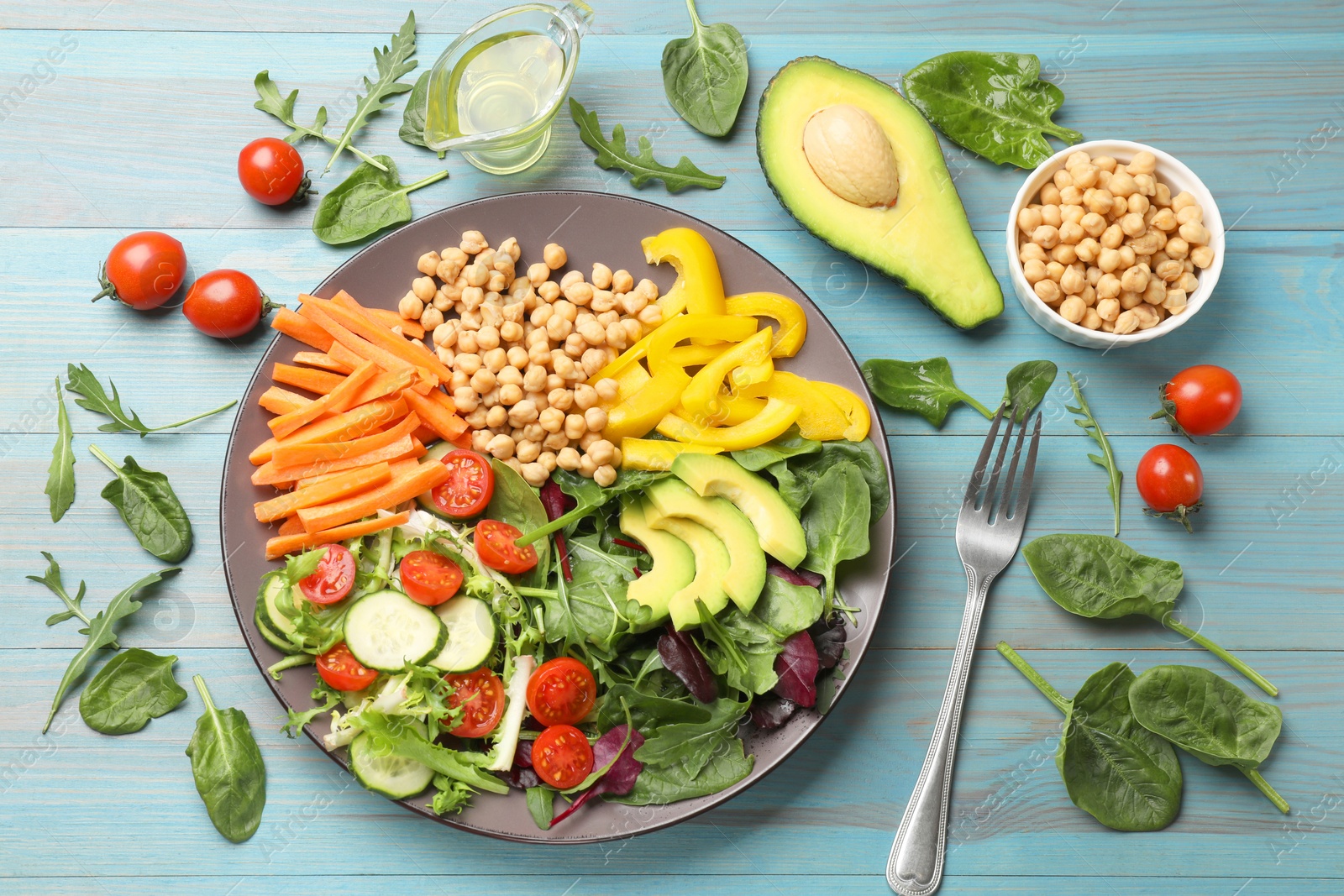 Photo of Balanced diet and vegetarian foods. Plate with different delicious products on table, flat lay