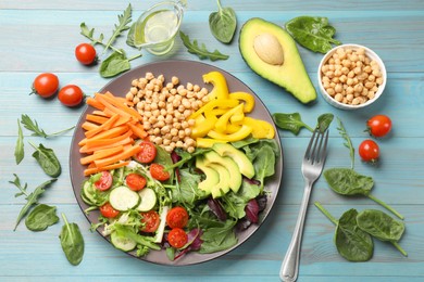 Balanced diet and vegetarian foods. Plate with different delicious products on table, flat lay