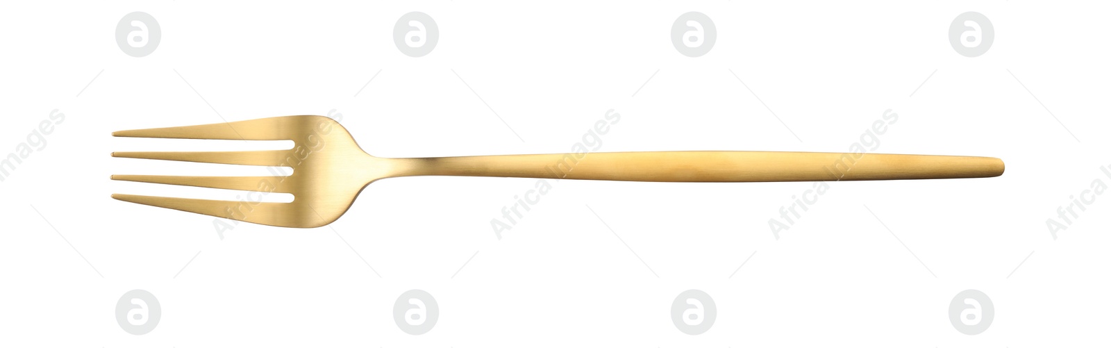 Photo of One shiny golden fork isolated on white