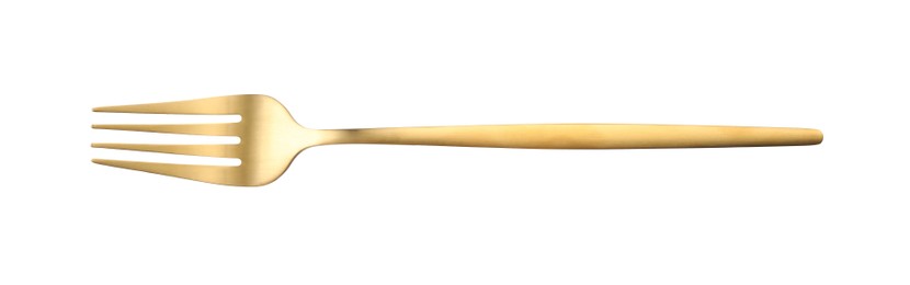 Photo of One shiny golden fork isolated on white