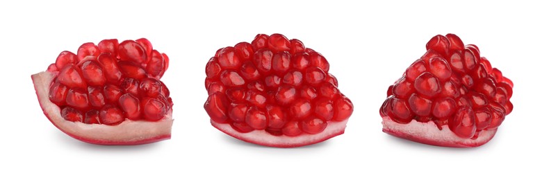 Image of Pieces of ripe juicy pomegranate on white background, collage. Banner design