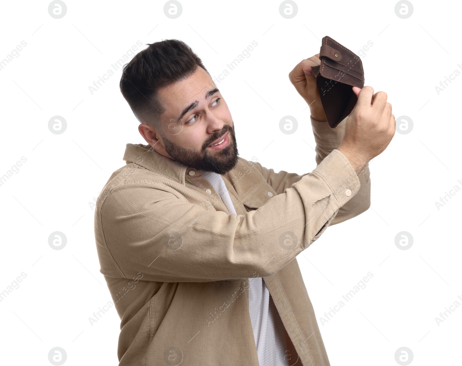 Photo of Man showing empty wallet on white background